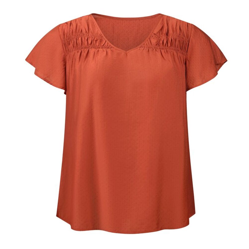 Women Plus Size Smocked V Neck Shoulder Ruffle Sleeve Tops Orange Red